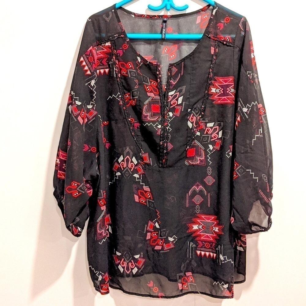 2/$20 M Studio Black Sheer Boho Aztec Print Tunic Blouse sz 18